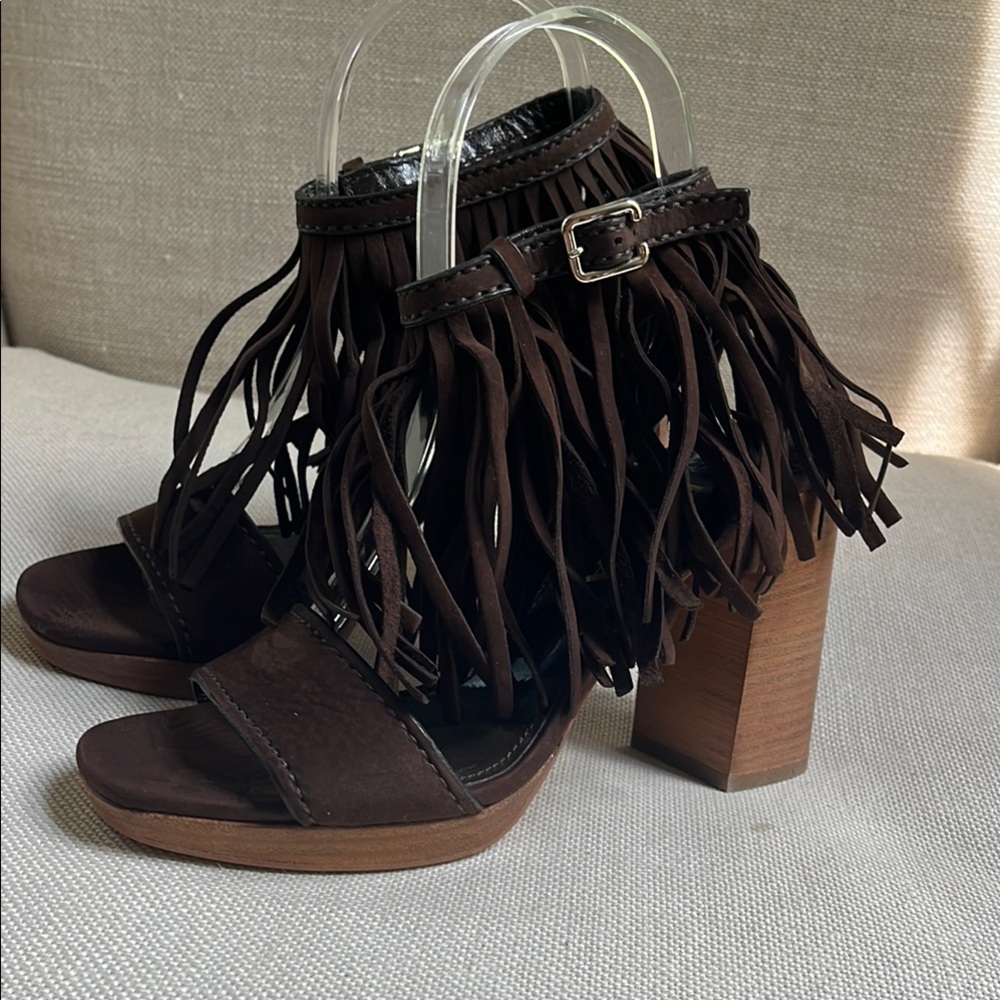 Prada Sandals Ankle Strap Block Fringe Brown Suede US 7 1/2